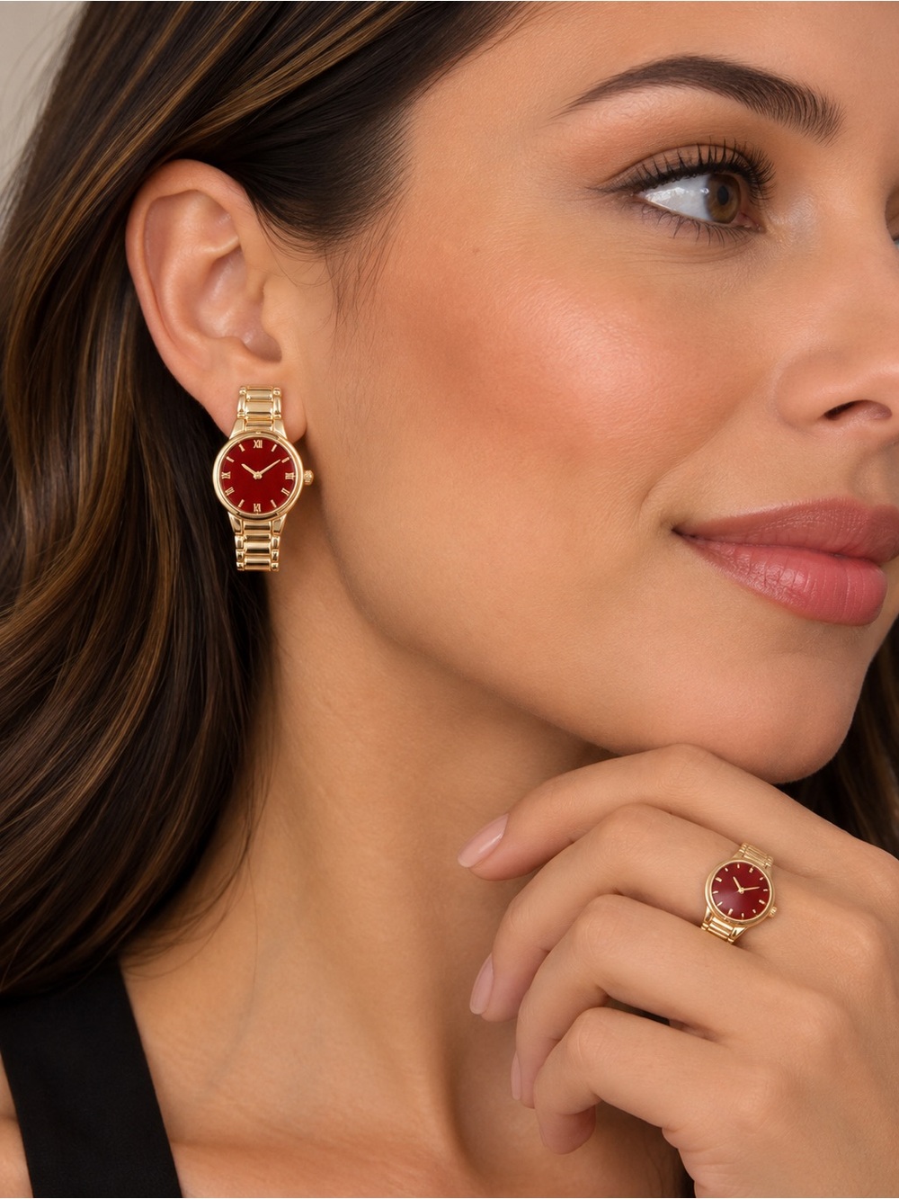 Gold-Tone Watch Face Earrings with Red Dial